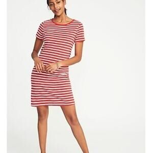 Old Navy Women's Short Sleeve Soft Slub Knit Striped Tee Dress Size XL Red White